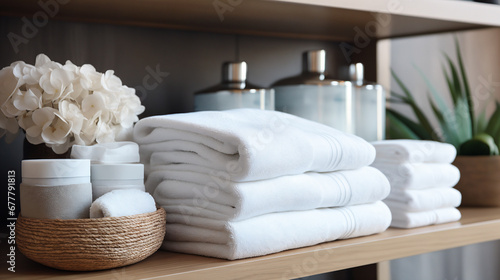 Towels on shelf in bathroom, closeup. Spa treatment. Generative AI