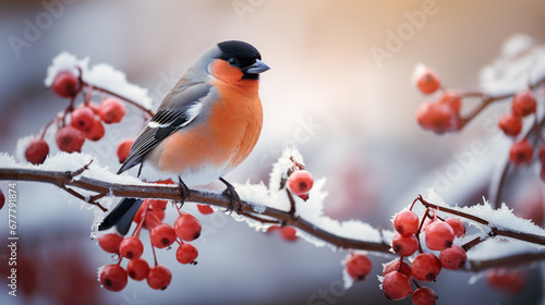 Bullfinch on a branch with red berries in the winter forest.  Generative AI