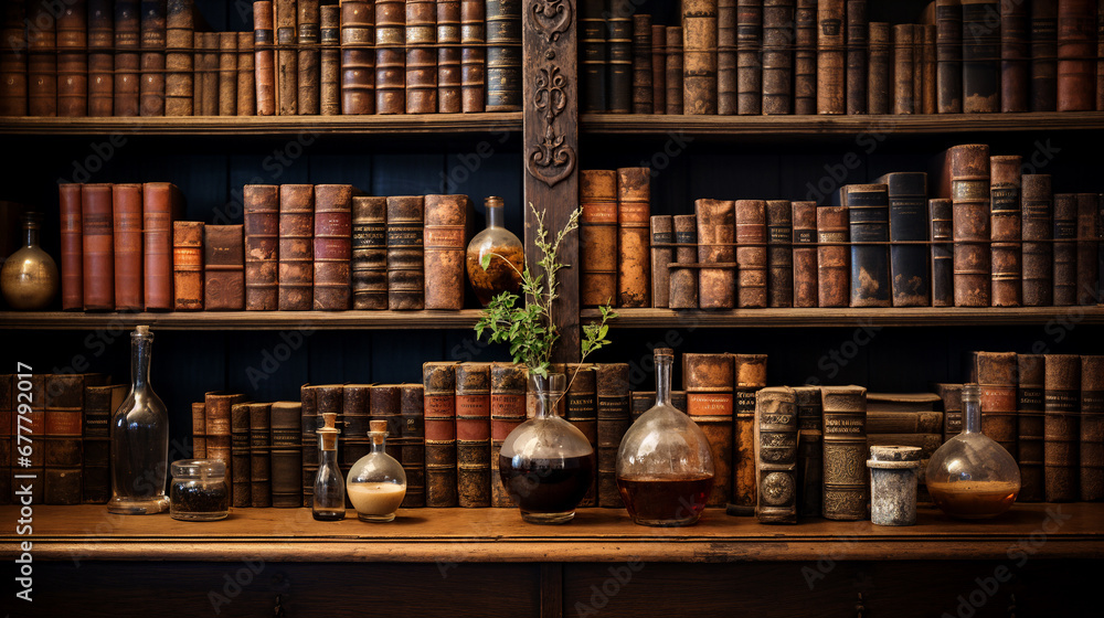 Old bookshelves with old books and bottles of medicine and herbs. Generative AI