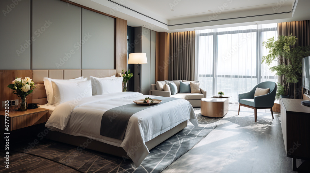 Luxury hotel bedroom interior design with bed, lamp and decoration. Generative AI Luxury hotel bedroom interior design with bed, lamp and decoration. Generative AI