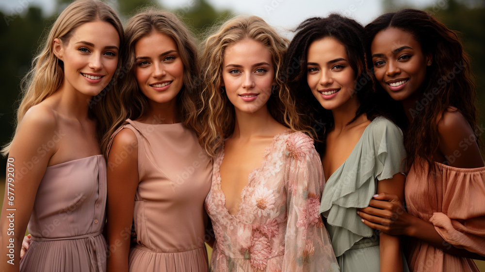 Portrait of a group of beautiful young women in dresses posing outdoor.   AI Generative