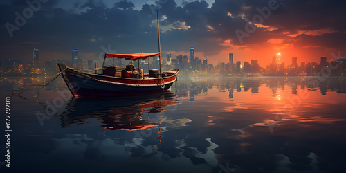A man in a boat is fishing on the lake sunset The theme of fishing Wooden boat at majestic sunset on the beach. AI Generative