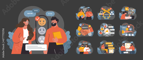 Inclusion at Work set. Professionals collaborate on projects, promote equality, and support colleagues. Celebrating diversity, ensuring accessibility. Team discussions, mutual respect. Flat vector