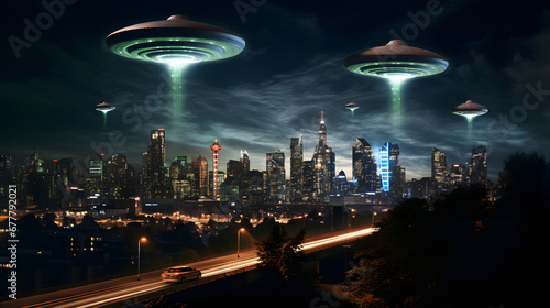 Alien invasion: flying saucers in night sky in front of a modern city skyline