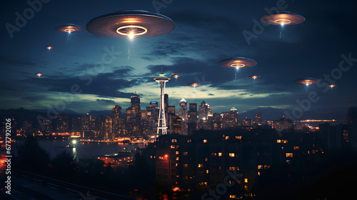 Alien invasion: UFOs flying above a city with skyscrapers against a blue night sky 