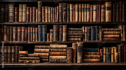 Old bookshelf with stacks of old books in a library. AI Generative photo