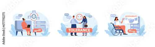 Inclusive workplace set. Modern employees collaborating, promoting tolerance. Accessibility for disabled. Diverse teamwork values. Flat vector illustration.