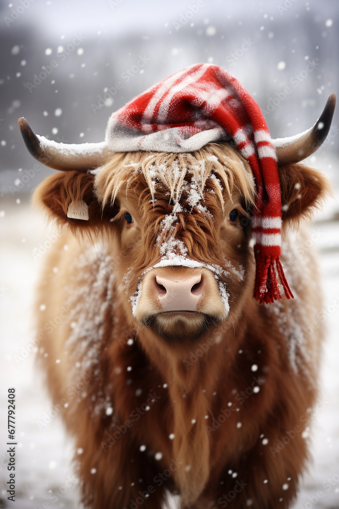 highland cow with santa hat in snow - obrazy, fototapety, plakaty 