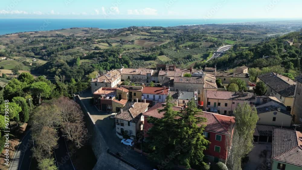 Italy, November 10, 2023 - aerial view of the medieval village of Novilara in the province of Pesaro and Urbino in the Marche region Italy, November 10, 2023 - aerial view of the medieval village of Novilara in the province of Pesaro and Urbino in the Marche region