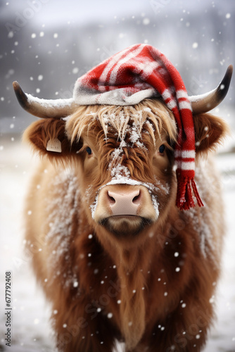 highland cow with santa hat in snow photo