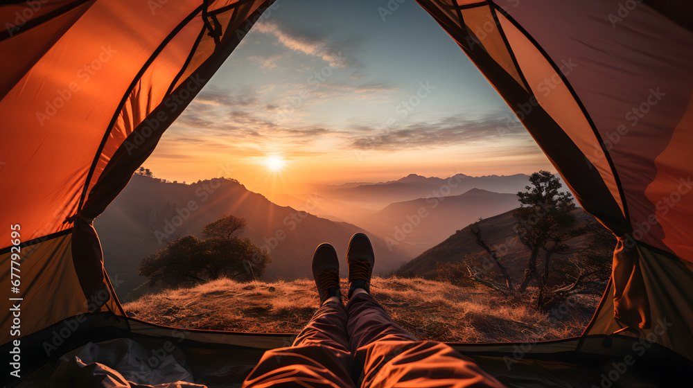 two feets under tent in the sunset on the moutain	 - obrazy, fototapety, plakaty 