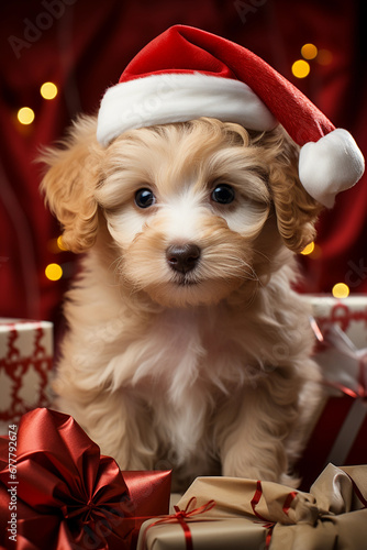 dog puppy wearing santa hat. christmas background
