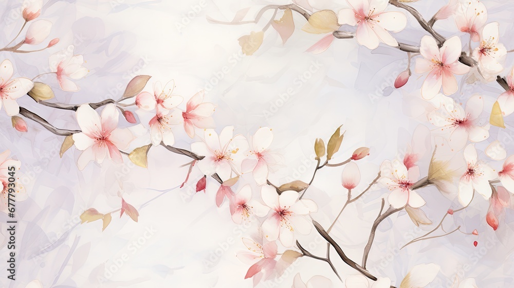  a painting of a branch with white and pink flowers on a light purple background with a light blue sky in the background.