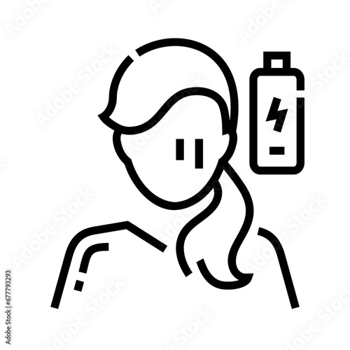 A woman with signs of tears or exhaustion on her face with the symbol of a dead battery - Line Icon