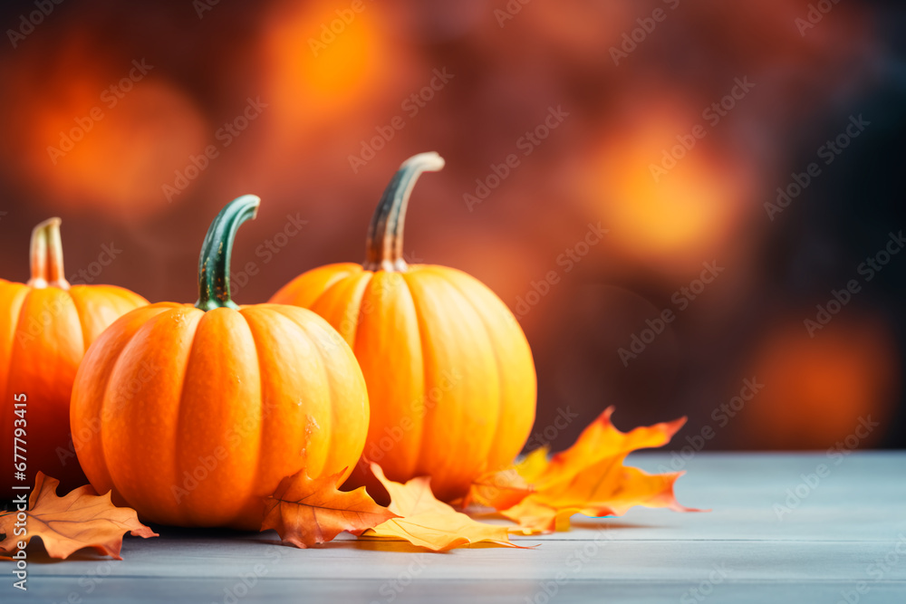 Autumn ambiance: Orange pumpkins and fall leaves on a light surface, creating a warm and seasonal background.
Autumn ambiance: Orange pumpkins and fall leaves on a light surface, creating a warm and seasonal background.