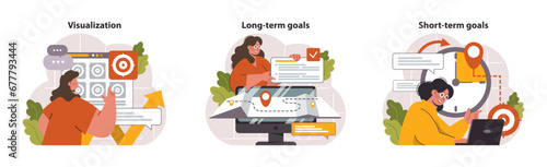 Goal setting set. Visualization techniques, long term planning, and immediate action steps. Women strategizing, prioritizing tasks, mapping journey. Flat vector illustration