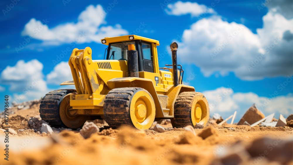Toy bulldozer on a background of blue sky. Construction equipment.