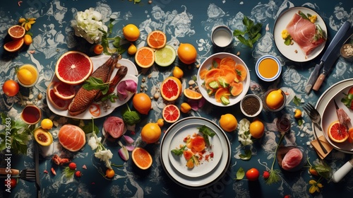  a table topped with plates and bowls filled with different types of fruits and vegetables next to utensils and utensils. © Anna