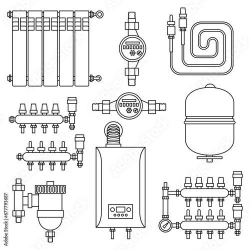 Set of objects for heating. Industrial image of plumbing objects.