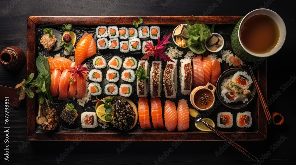  a tray of sushi with chopsticks, sauce, and a cup of tea on a wooden table.