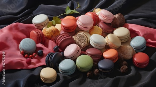  a pile of assorted macaroons sitting on top of a red cloth next to a green leaf on top of a table.