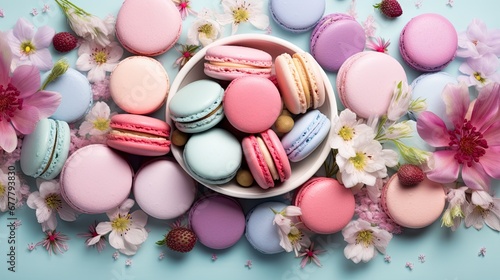  a bowl filled with macaroons and flowers on top of a light blue background with pink and white flowers.