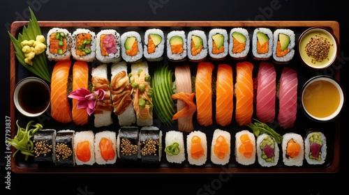  a sushi platter with various types of sushi and a side of dipping sauces on the side. photo