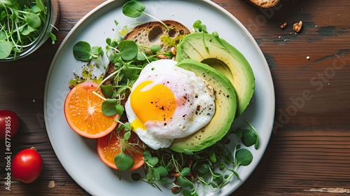  a plate of food that includes an egg, avocado, tomatoes, and bread on a wooden table.