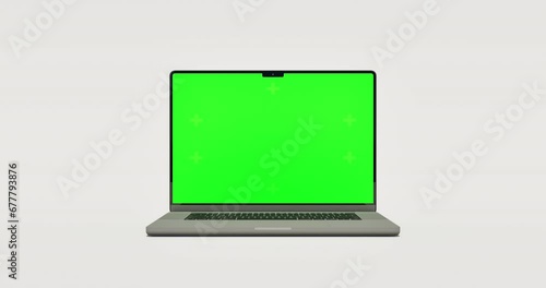 Empty Green Screen Display Laptop for Watching and Paste Background e Business Blog or Gaming App. Copy 3d Pc with Clear Chroma Key for Mockup. Concept Computer Technological on Video Call Close-Up 4k