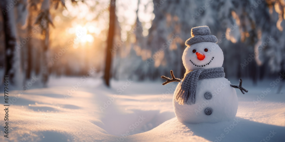 Obraz premium A happy snowman in scarf in winter landscape