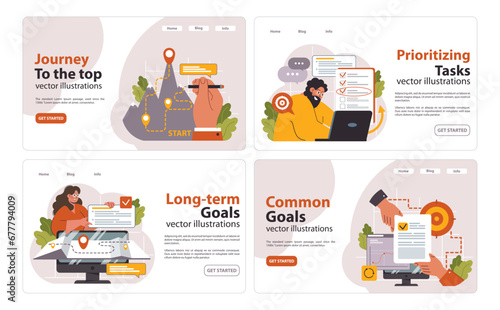 Achievement set. Climbing mountainous challenges, effective task management. Setting long-term aspirations, aligning daily objectives. Collective progress, individual determination. Flat vector