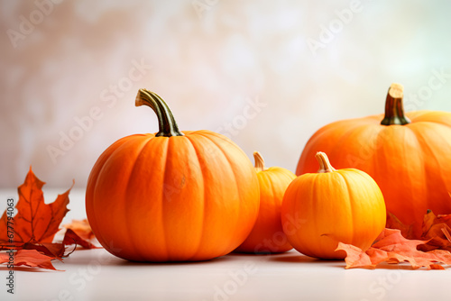 Autumn ambiance: Orange pumpkins and fall leaves on a light surface, creating a warm and seasonal background.