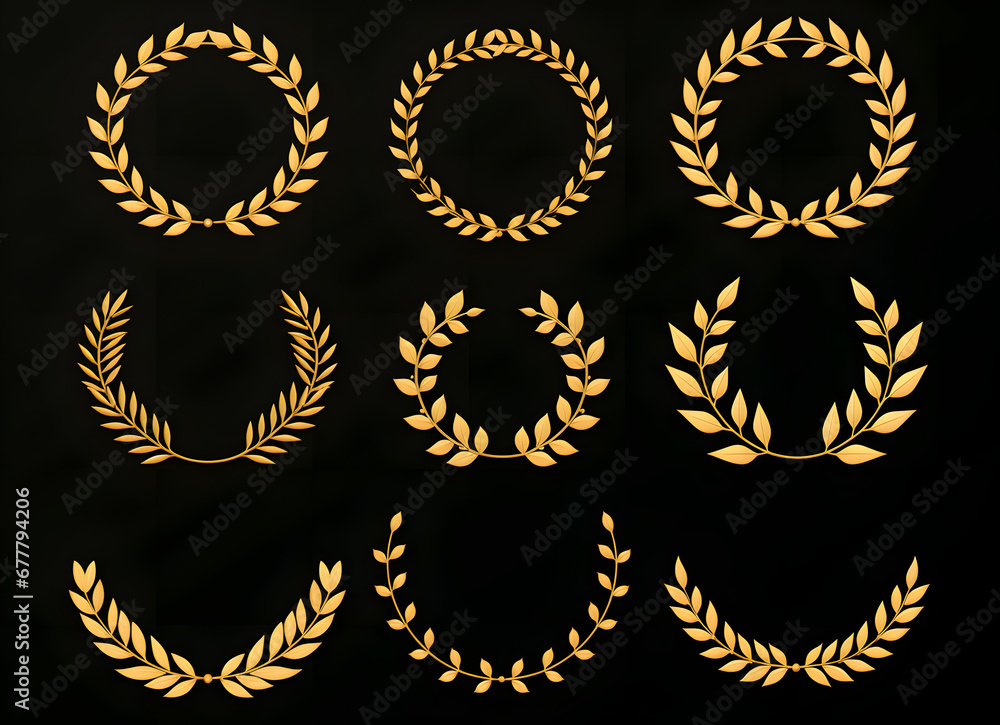 a set of gold wreaths made from flowers and leaves on black background a set of gold wreaths made from flowers and leaves on black background