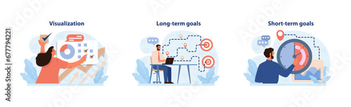 Goal Planning set. Visualization techniques, drafting long-term objectives, and setting immediate priorities. Time management, strategy alignment, and actionable insights. Flat vector illustration