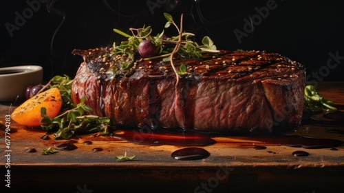  a piece of steak sitting on top of a wooden cutting board next to a bowl of fruit and a sauce.
