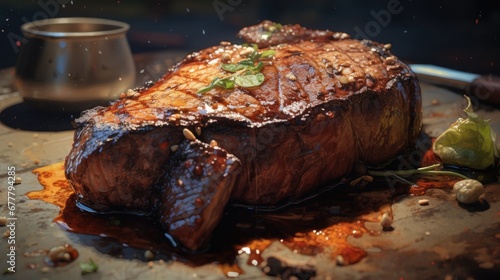  a piece of meat sitting on top of a wooden cutting board next to a cup of sauce and a knife.