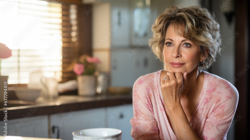 close up photo of a Smiling middle aged woman with great skin care sitting in the vintage kitchen, single mature senior in living room close up photo of a Smiling middle aged woman with great skin care sitting in the vintage kitchen, single mature senior in living room