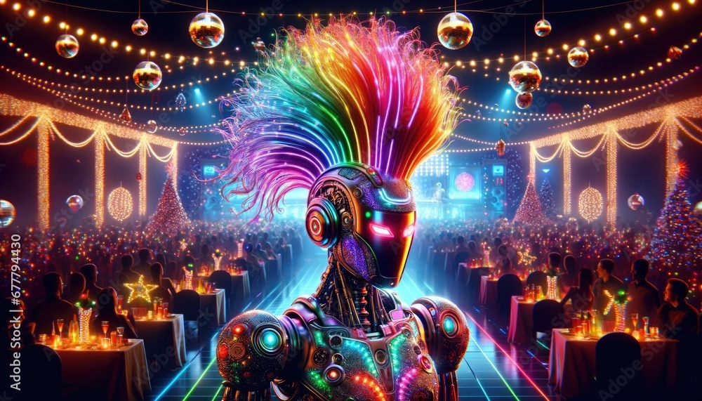 Obraz premium Horizontal image of a stunning robot featuring a luminous colorful glow from Iroquois hairstyle against the backdrop of a New Year at disco party