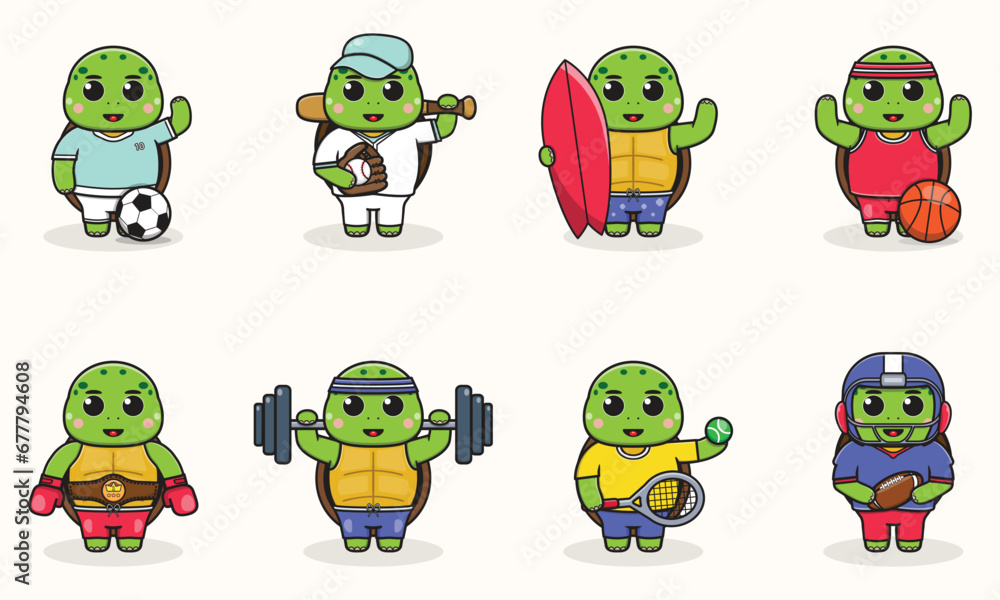 Obraz premium Set of Turtle wearing uniform and using sports equipment. Funny animals doing exercis. Cute cartoon character vector set isolated on a white background. Cartoon animal sport. Turtle cartoon. 