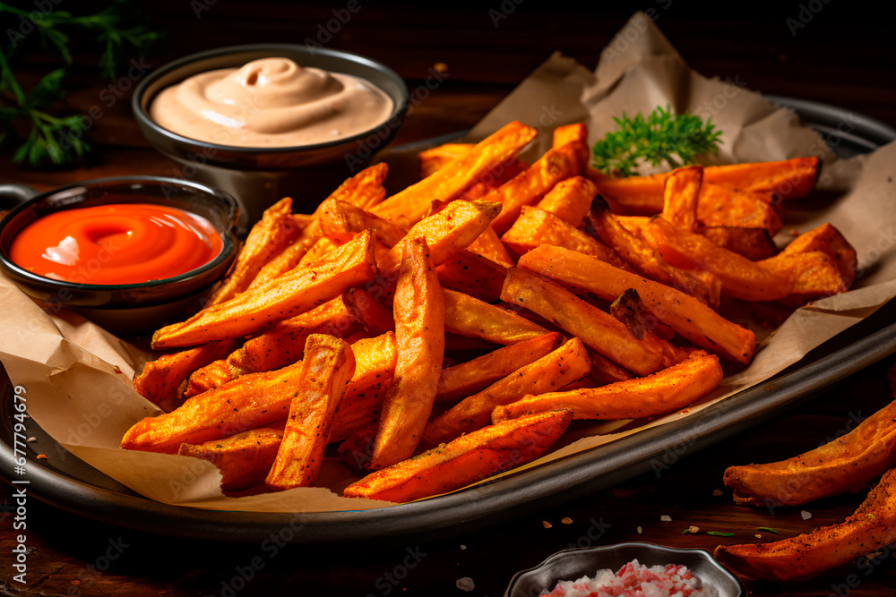 Homemade oven-roasted sweet potato fries served with mayo and ketchup. Bright image. Homemade oven-roasted sweet potato fries served with mayo and ketchup. Bright image.