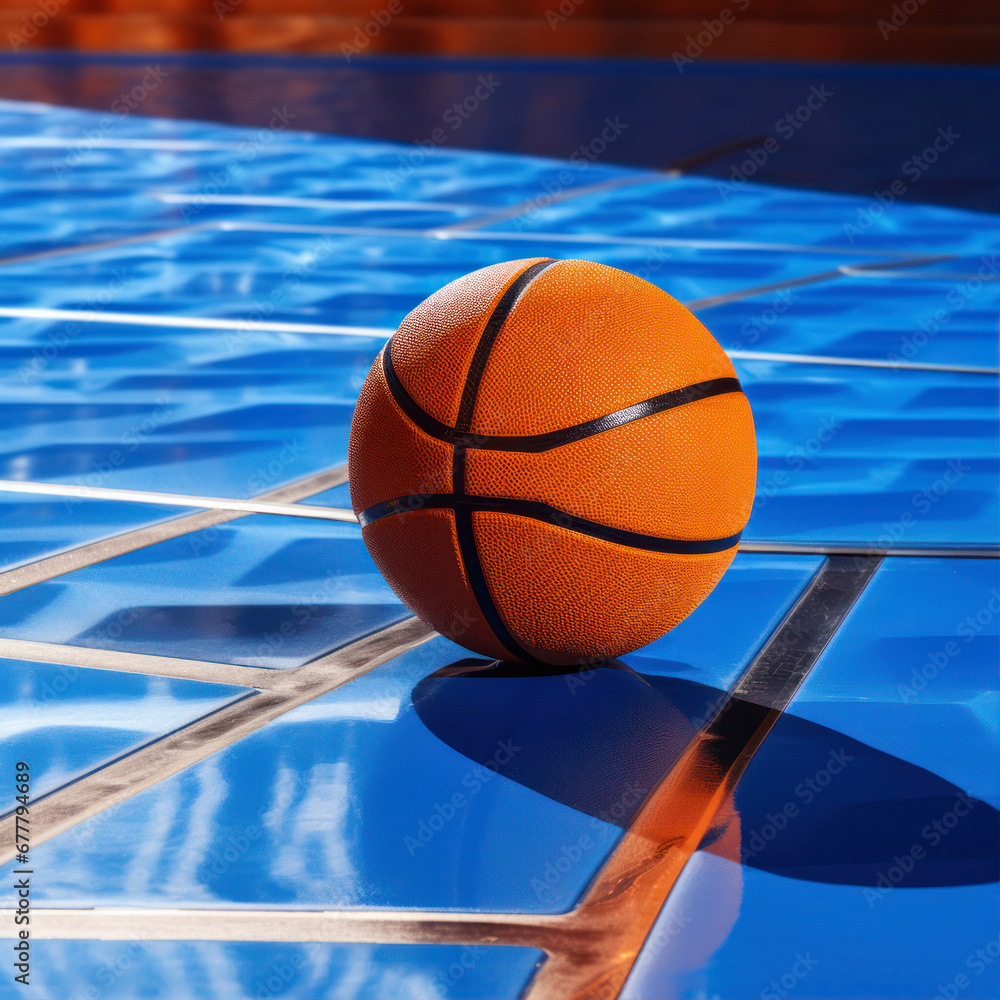 basketball ball on the background of a swimming pool, close-up