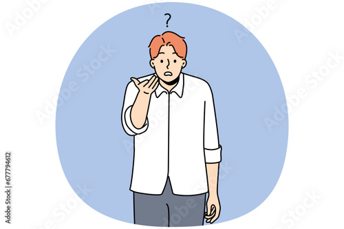 Confused young man look at camera feel frustrated and dissatisfied. Unhappy guy disappointed with information or offer. Vector illustration.
