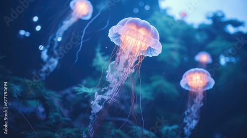  a group of jellyfish floating in a pond of water near a forest filled with lots of green plants and trees. © Anna