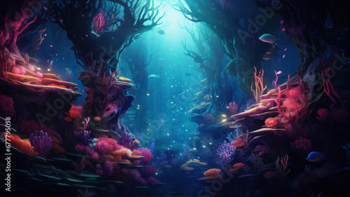 Underwater scene with corals and tropical fish. 3d rendering