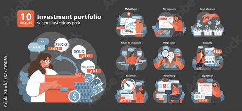 Investment portfolio set. Diverse strategies in finance and asset management. Stocks, gold, real estate choices. Return on investment, hedge funds dynamics. Flat vector illustration.