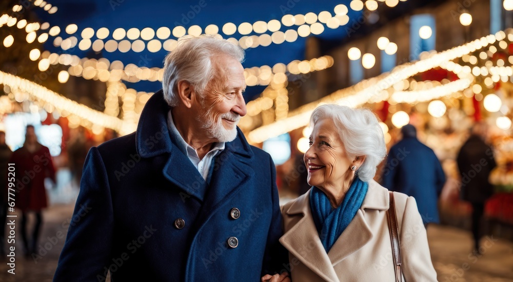 Happy two elderly people woman and man walking against backdrop of Christmas fair lights holding hands on the street, wearing coats