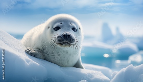 A Playful Harp Seal Resting on a Frozen Winter Wonderland
