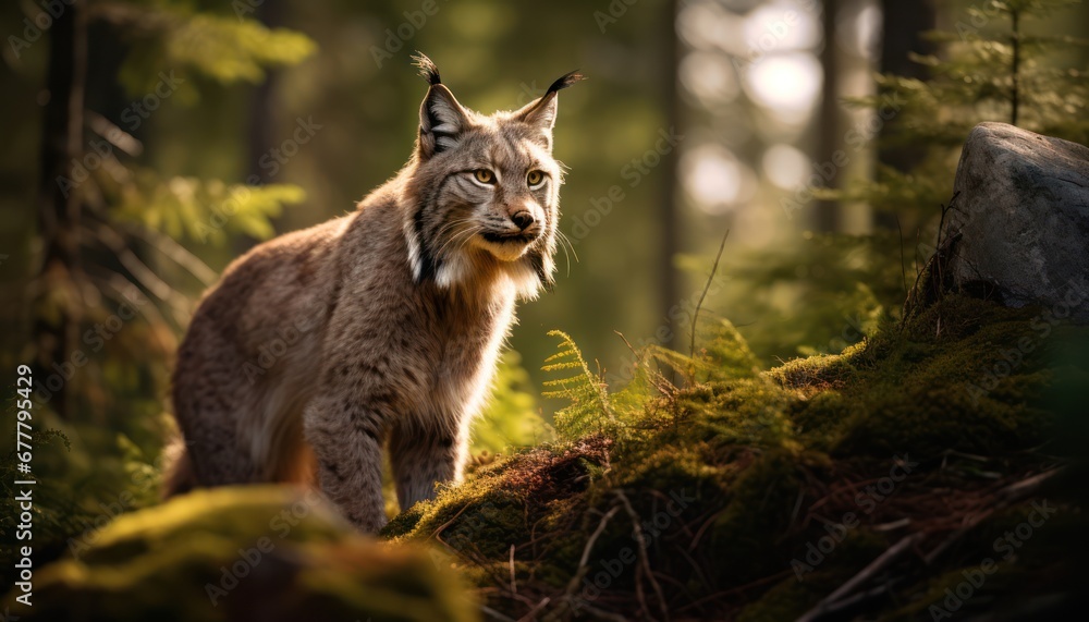The Enigmatic Lynx Roaming Through a Lush Forest Canopy, Surrounded by Soft Moss The Enigmatic Lynx Roaming Through a Lush Forest Canopy, Surrounded by Soft Moss