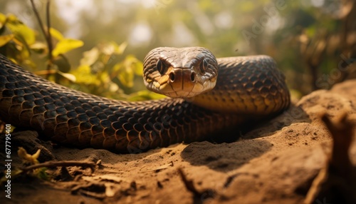 A Curious Brown King Cobra Snake With an Open Mouth, Ready to Strike photo