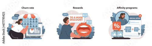 Customer journey set. Analyzing churn rate, grabbing rewards, joining affinity programs. Customer retention, loyalty perks, exclusive offers. Flat vector illustration